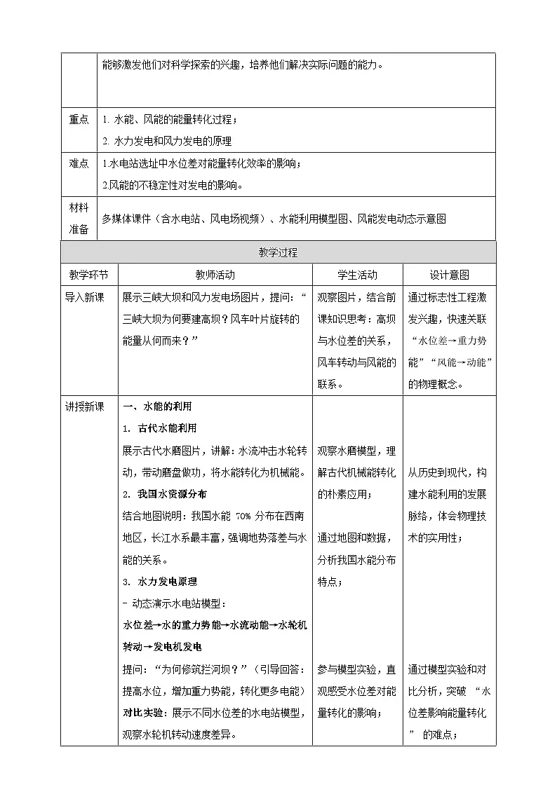 【新教材】教科版12.3《水能和风能》教学设计(表格式)第2页