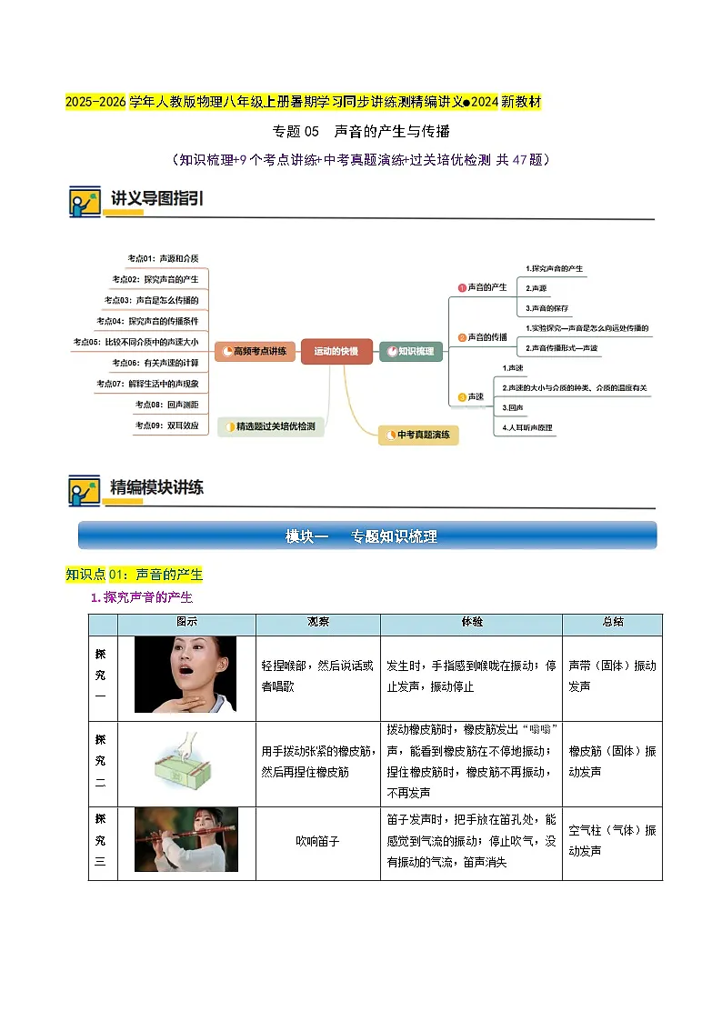 专题05 声音的产生与传播(知识梳理+9个考点讲练+中考真题演练+过关培优检测 共47题)原卷版第1页