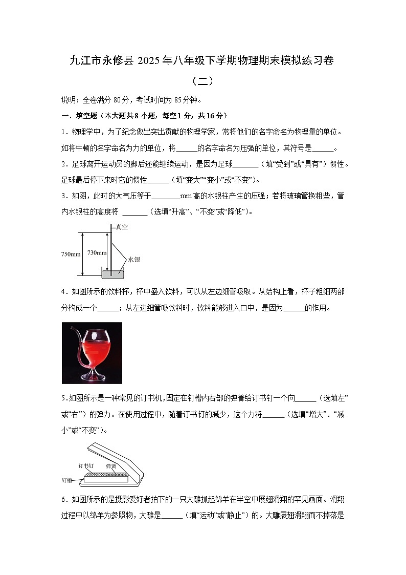 江西省九江市永修县2024-2025学年八年级下学期期末模拟练习卷(二)物理试卷第1页
