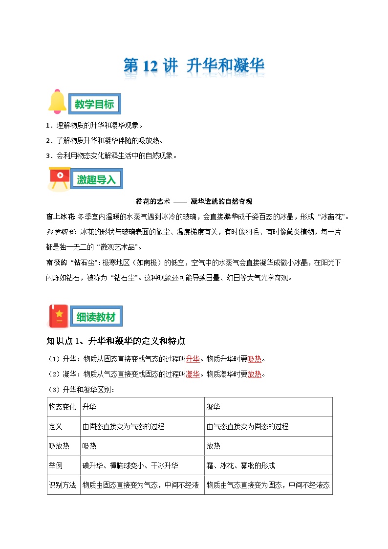 第12讲 升华和凝华 暑假预习导学案 ----2025-2026学年人教版物理八年级上学期（原卷版+解析版）