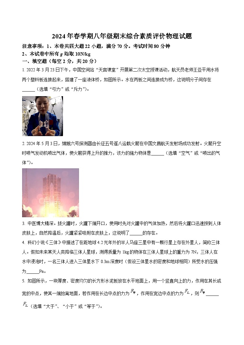 六安市第九中学2023~2024学年八年级下学期期末物理试题第1页