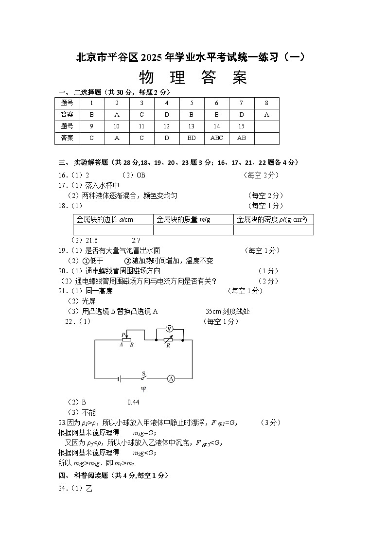 平谷区2025年学业水平考试统一练习答案第1页