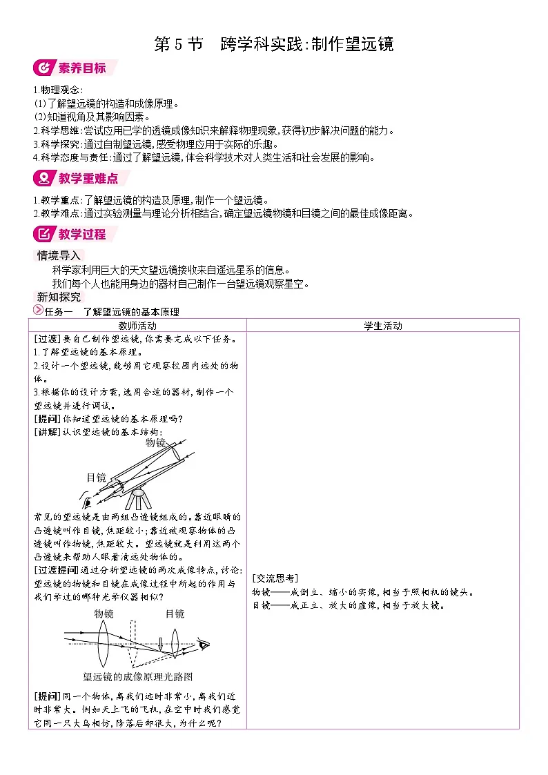 人教版(2024)物理八年级上册 5.5 跨学科实践:制作望远镜 (教案)第1页