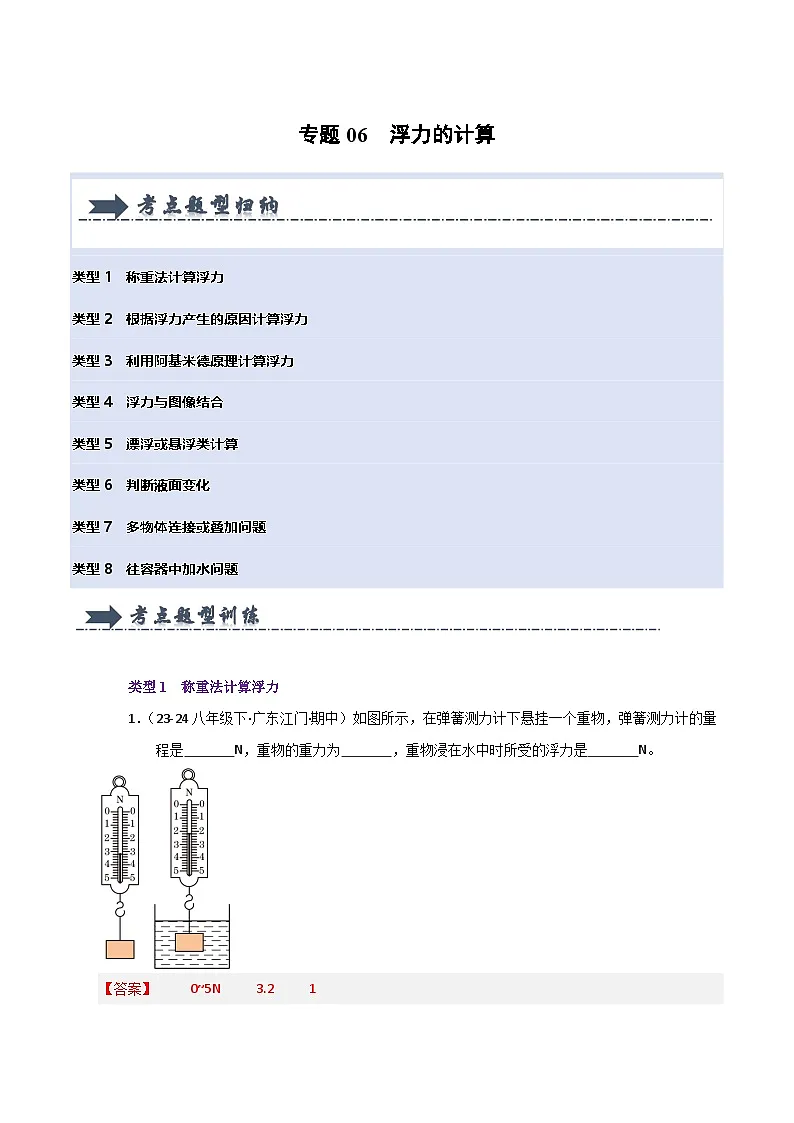 人教版2025年八年级下册物理期中真题汇编 专题06 浮力的计算(八大题型)第1页