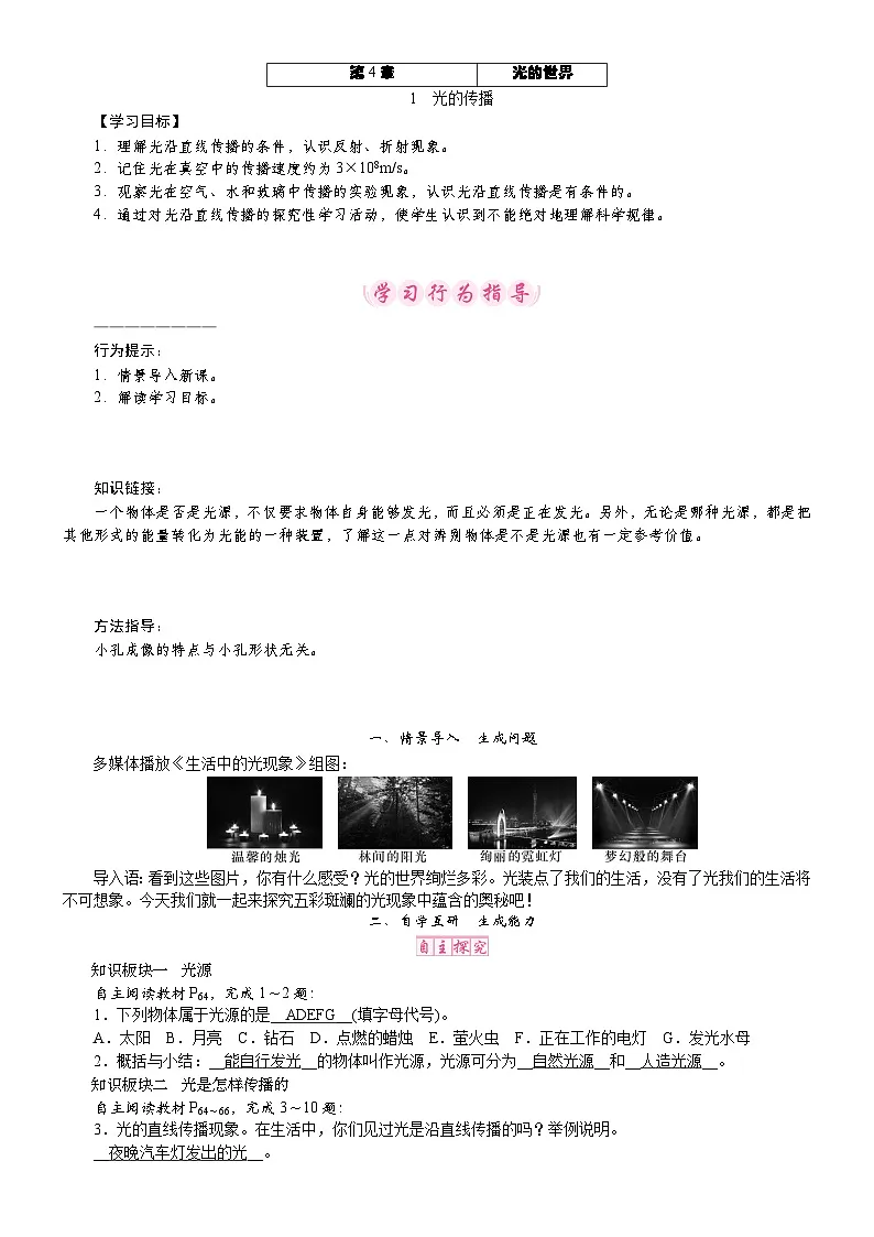 教科版(2024)物理八年级上册 4.1 光的传播(教案)第1页