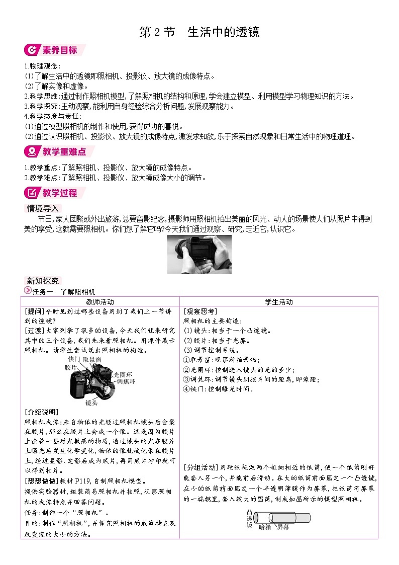 人教版（2024）物理八年級(jí)上冊(cè) 5.2 生活中的透鏡 （表格式教案）第1頁(yè)