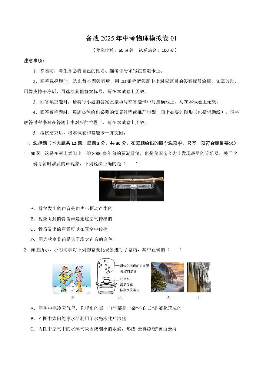 2025年湖南中考物理模拟卷01第1页