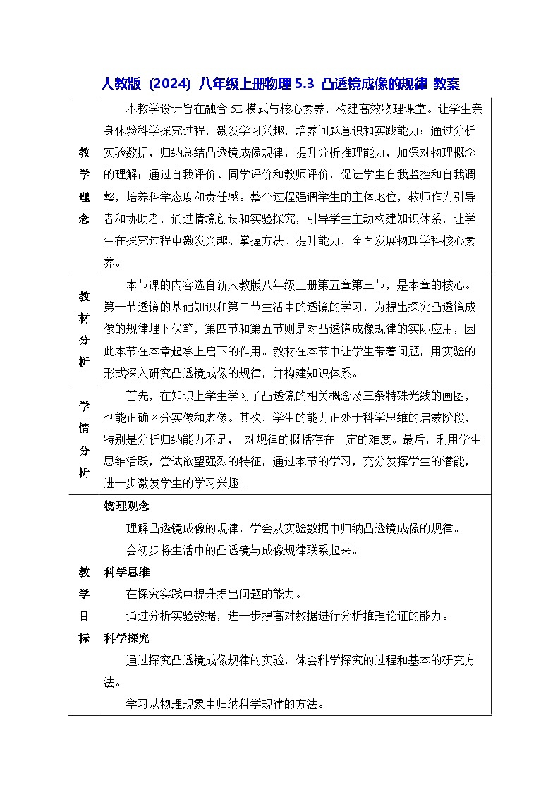 人教版（2024）八年級上冊物理5.3 凸透鏡成像的規(guī)律 教案第1頁