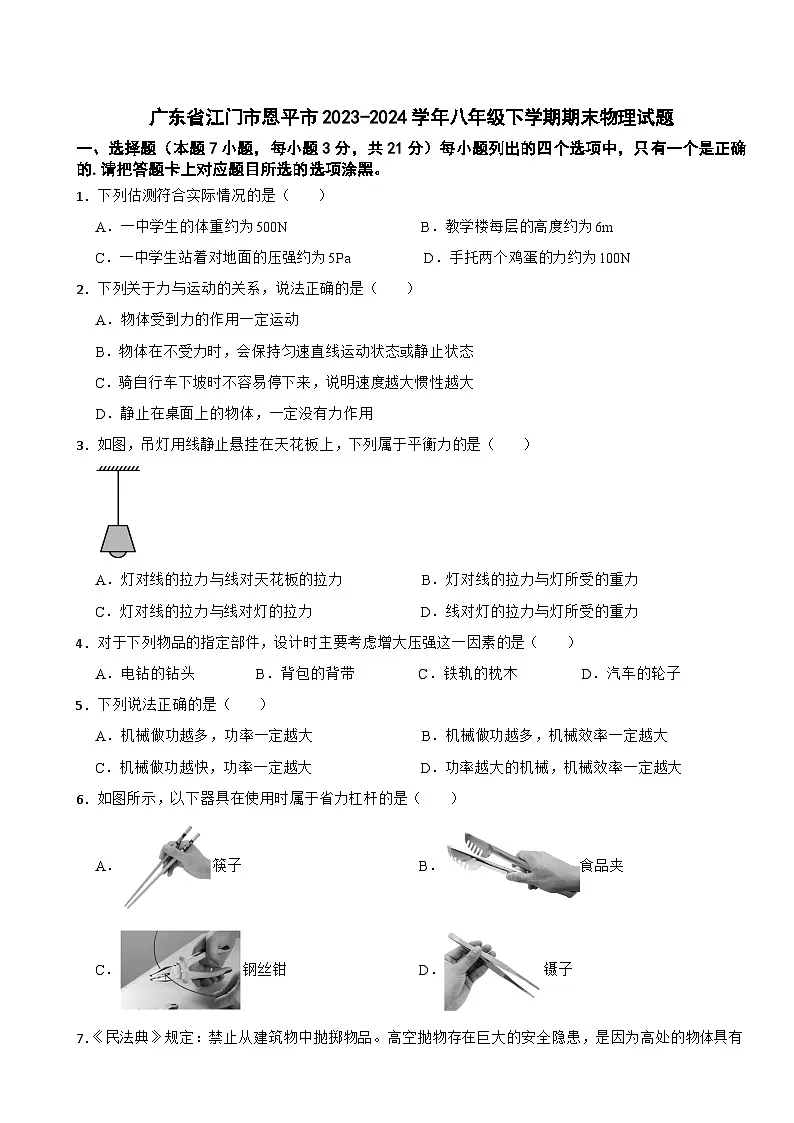 广东省江门市恩平市2023-2024学年八年级下学期期末物理试题第1页