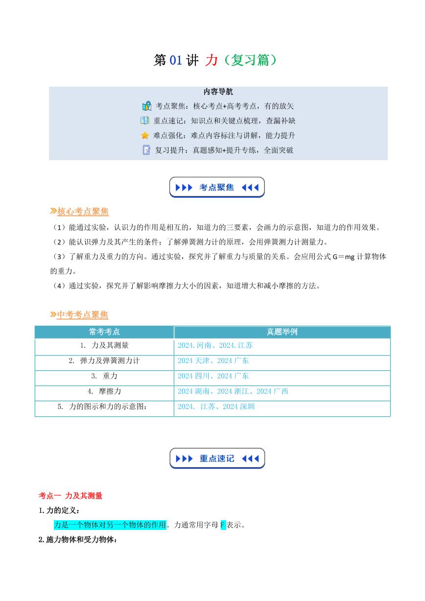 第01讲  力(复习篇)-2025年暑假九年级物理（沪教版2024）精品讲义（含答案）
