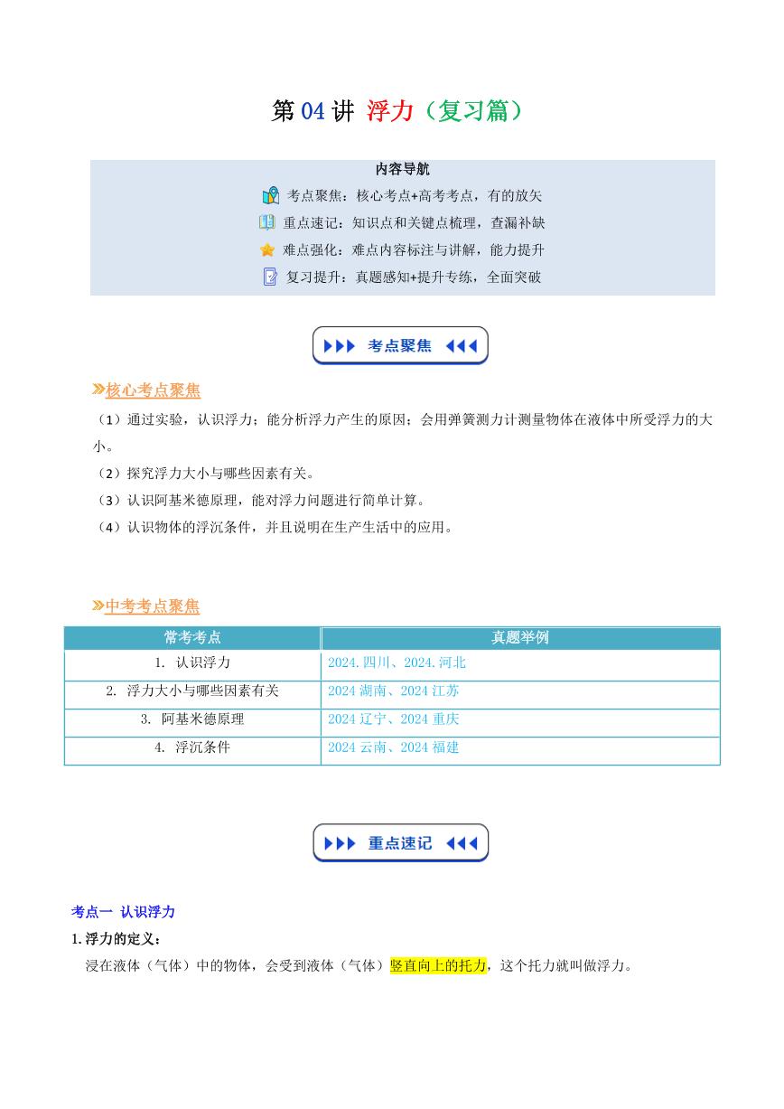 第04讲  浮力(复习篇)-2025年暑假九年级物理（沪教版2024）精品讲义（含答案）