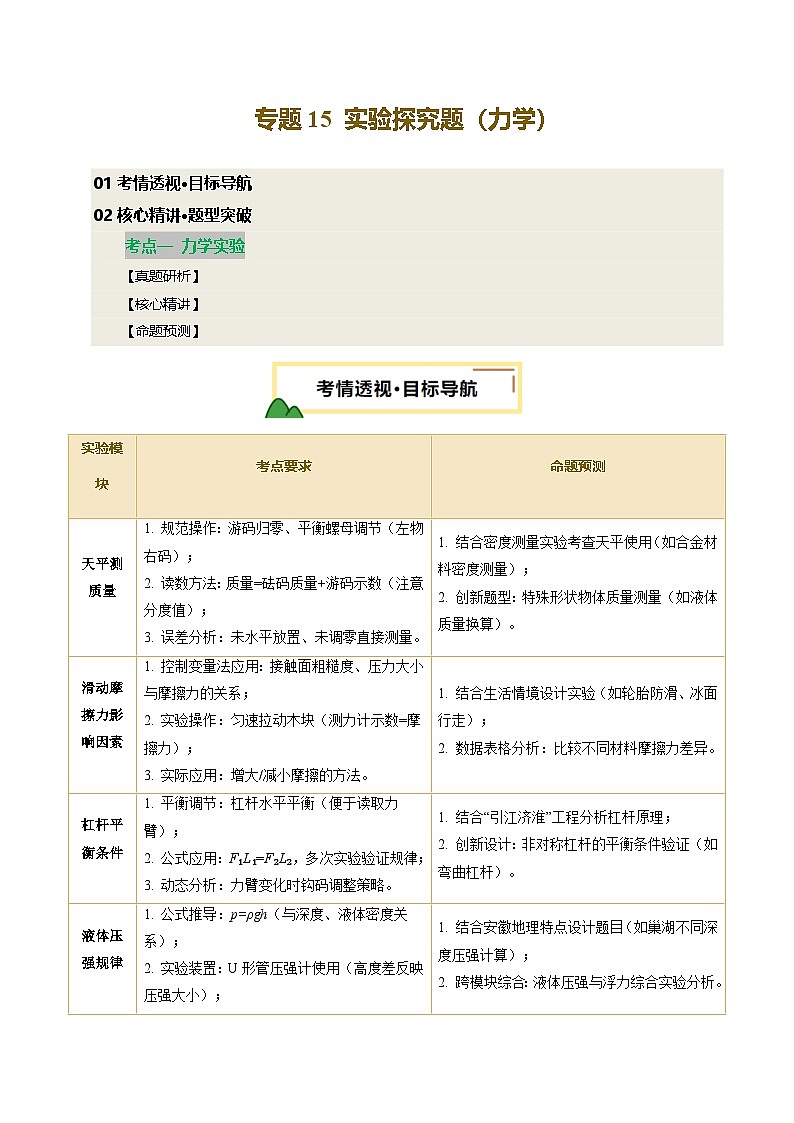 2025安徽中考物理重点题型 专题15 实验探究题(力学)(讲练合一)第1页