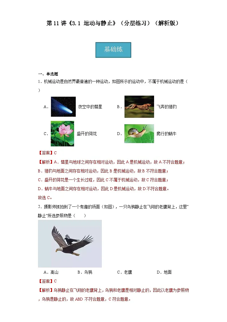 第11讲《3.1运动与静止》(分层练习)(解析版)第1页