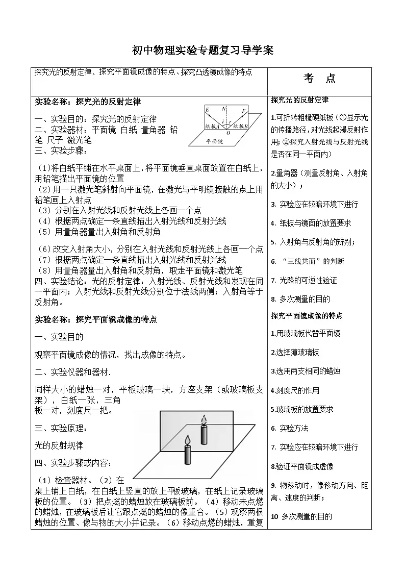 中考物理实验专题复习导学案-----光学实验第1页