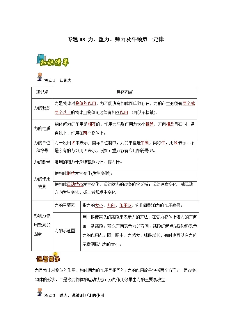 专题08:力、重力、弹力及牛顿第一定律(解析版)-备战2024年中考物理精选考点专练(知识清单+基础+拔高)第1页