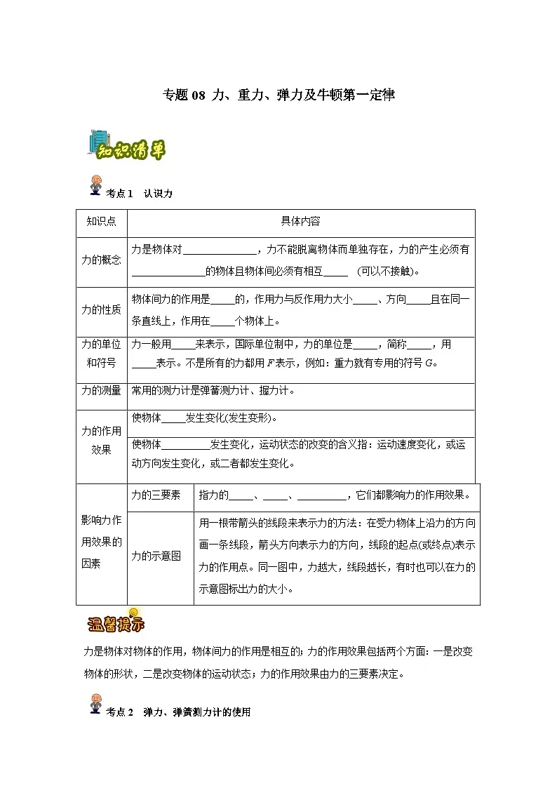 专题08:力、重力、弹力及牛顿第一定律(原卷版)-备战2024年中考物理精选考点专练(知识清单+基础+拔高)第1页