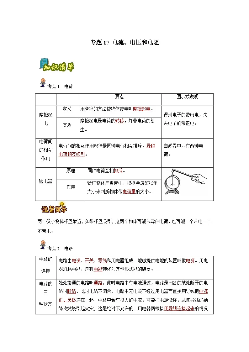 专题17 :电流、电压和电阻(解析版)-备战2024年中考物理精选考点专练(知识清单+基础+拔高)第1页