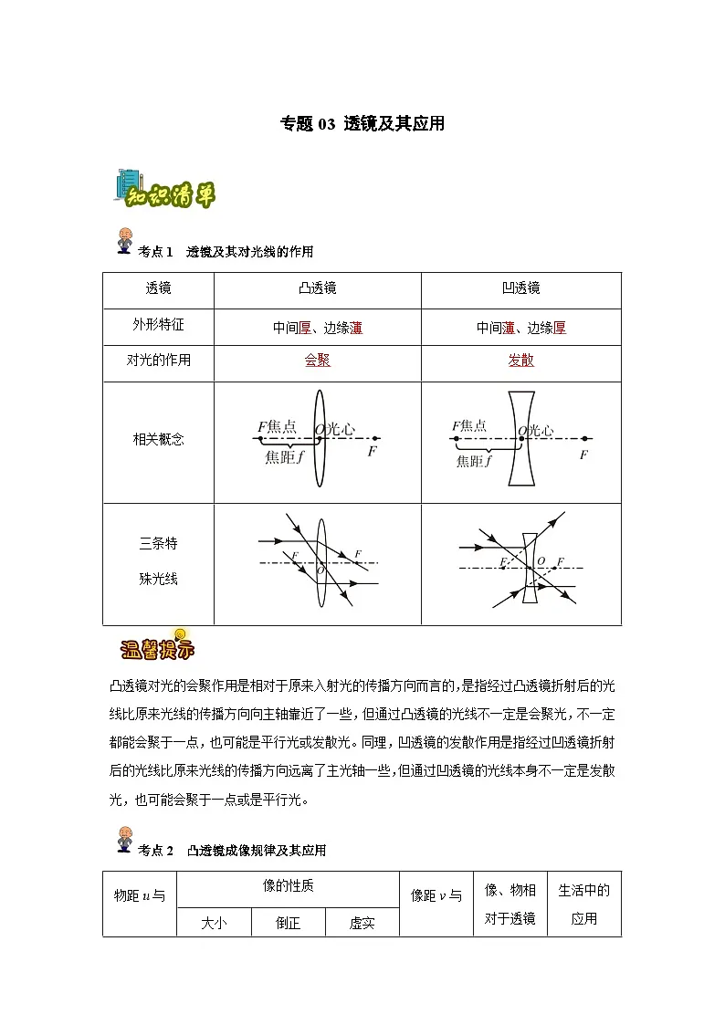专题03 :透镜及其应用(解析版)-备战2024年中考物理精选考点专练(知识清单+基础+拔高)第1页