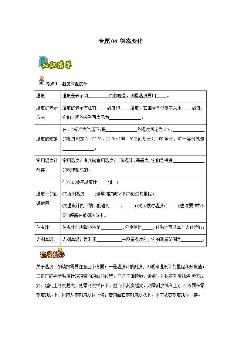 专题04: 物态变化(原卷版)-备战2024年中考物理精选考点专练(知识清单+基础+拔高)第1页