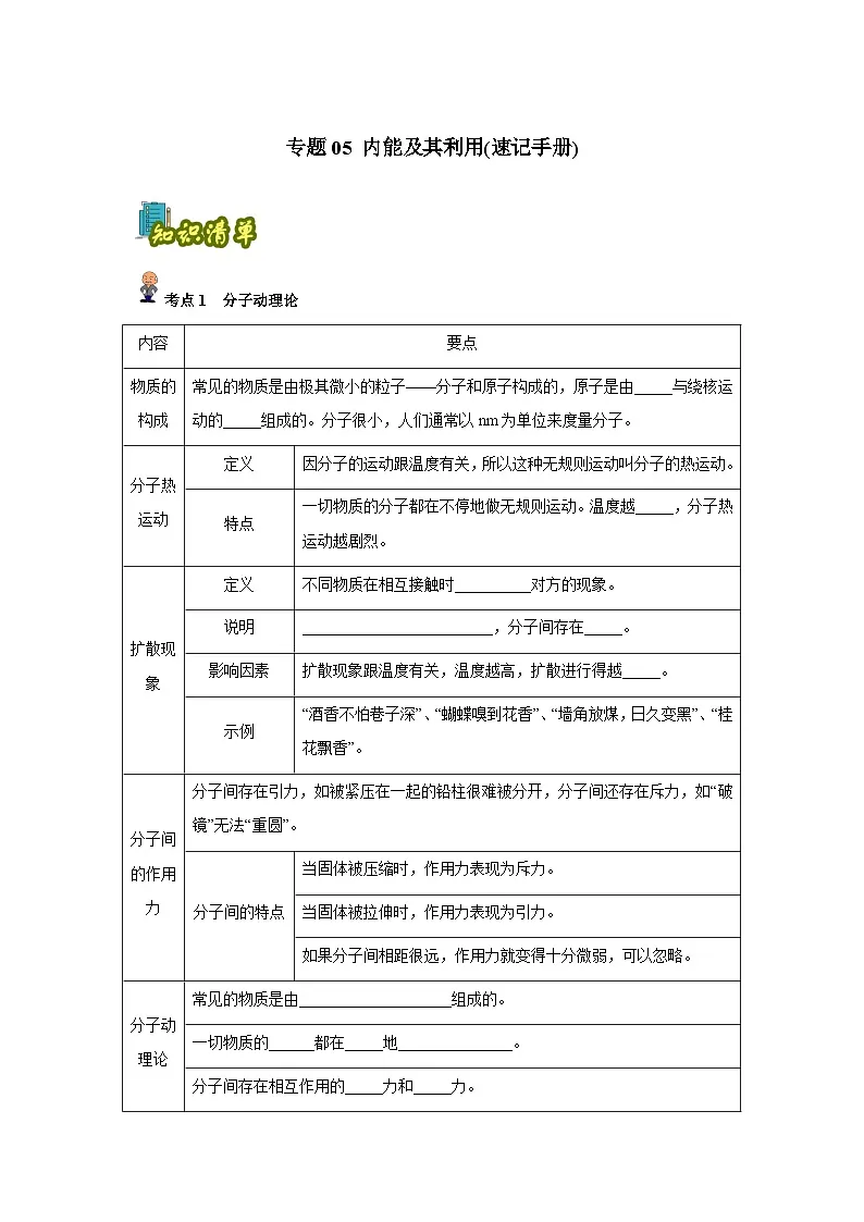 专题05:内能及其利用(原卷版)-备战2024年中考物理精选考点专练(知识清单+基础+拔高)第1页