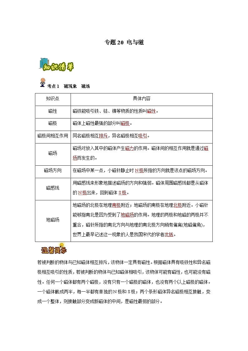 专题20:电与磁(解析版)-备战2024年中考物理精选考点专练(知识清单+基础+拔高)第1页