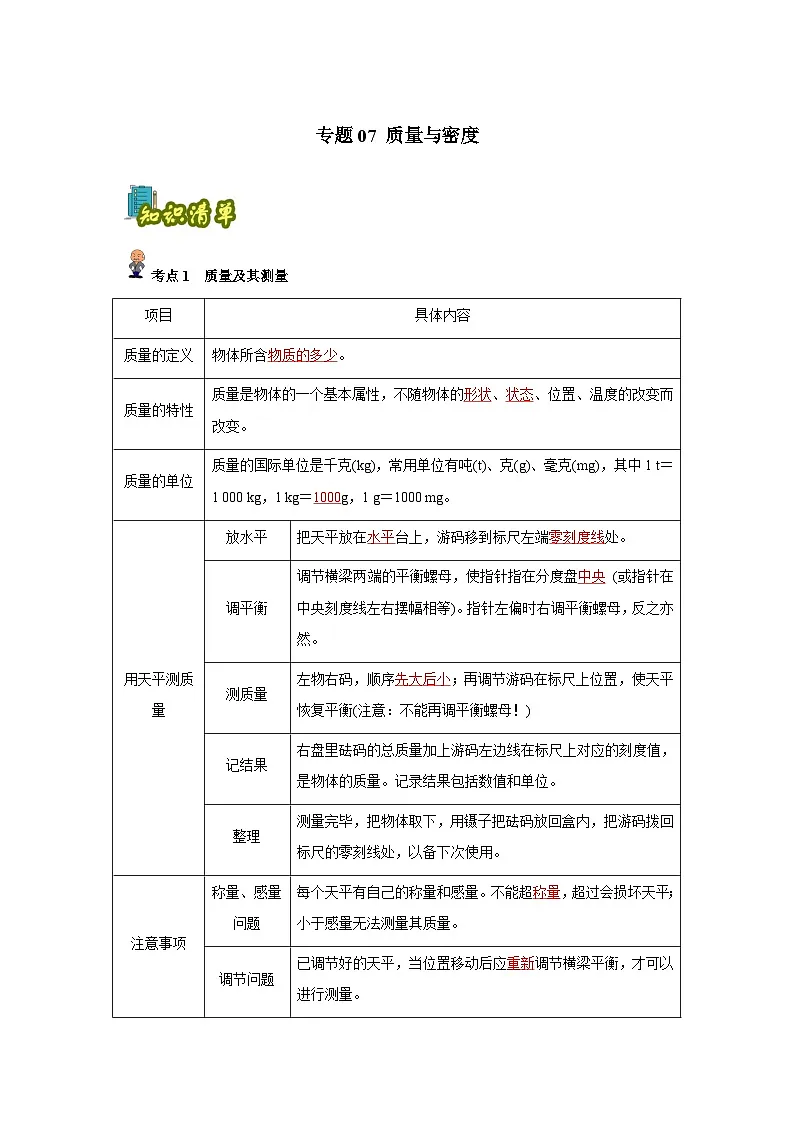 专题07: 质量与密度(解析版)-备战2024年中考物理精选考点专练(知识清单+基础+拔高)第1页