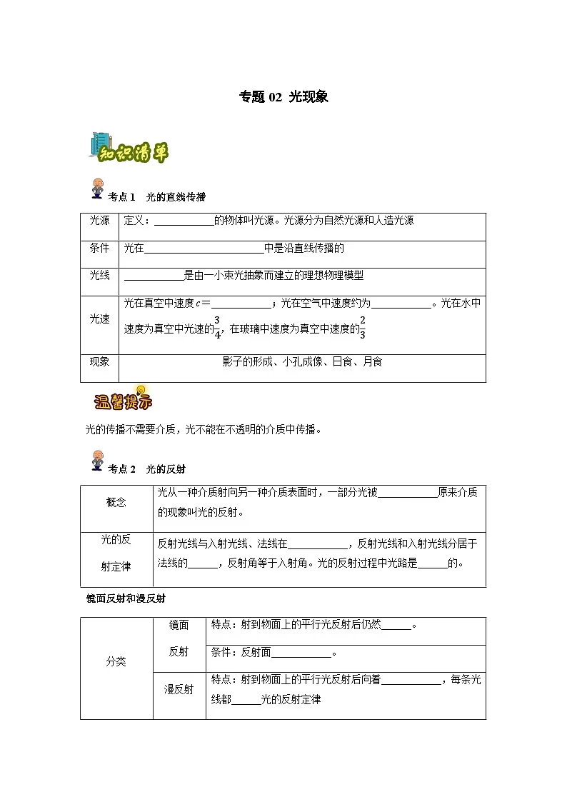 专题02: 光现象(原卷版)-备战2024年中考物理精选考点专练(知识清单+基础+拔高)第1页