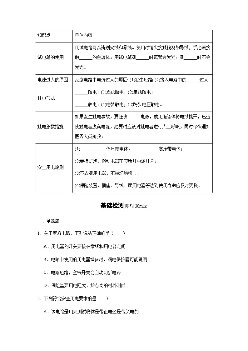 专题19:生活用电(原卷版)-备战2024年中考物理精选考点专练(知识清单+基础+拔高)第2页
