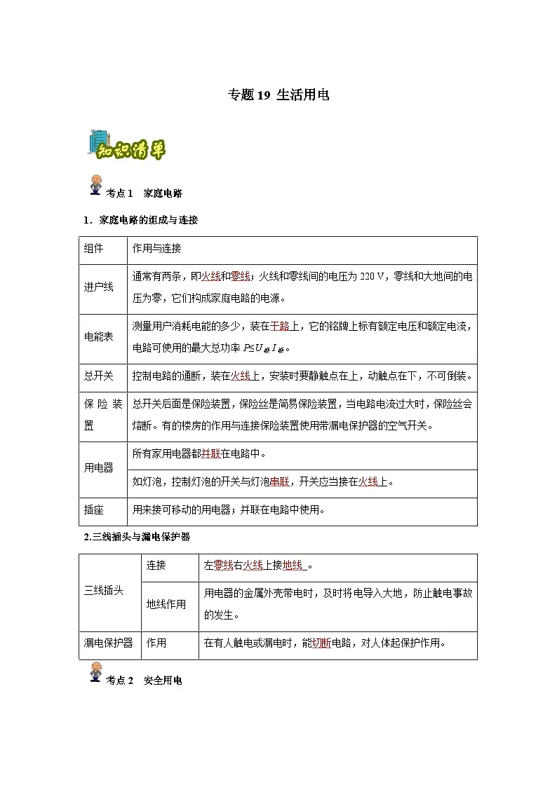 专题19:生活用电(解析版)-备战2024年中考物理精选考点专练(知识清单+基础+拔高)第1页