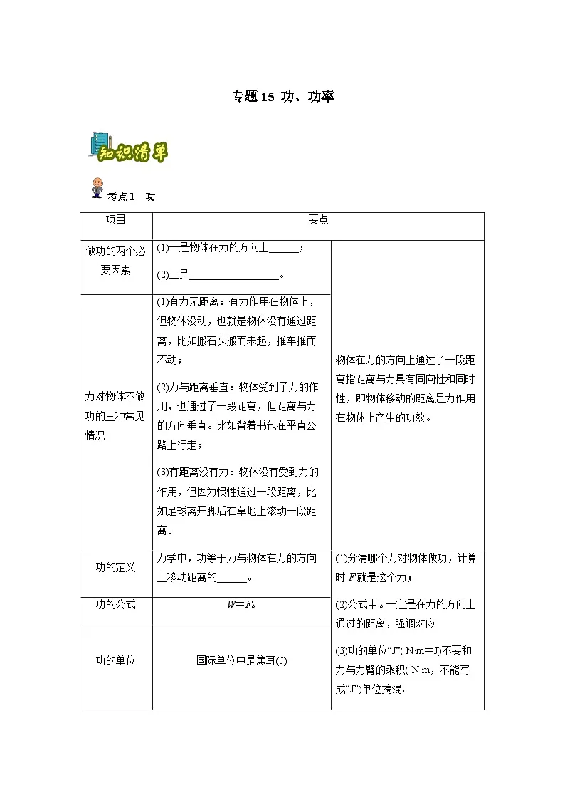 专题15: 功、功率(原卷版)-备战2024年中考物理精选考点专练(知识清单+基础+拔高)第1页