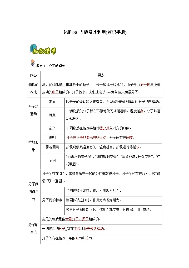 专题05:内能及其利用(解析版)-备战2024年中考物理精选考点专练(知识清单+基础+拔高)第1页