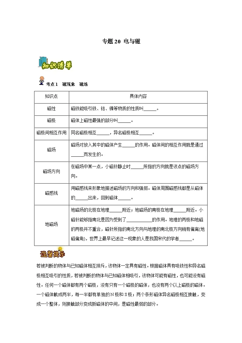 专题20:电与磁(原卷版)-备战2024年中考物理精选考点专练(知识清单+基础+拔高)第1页
