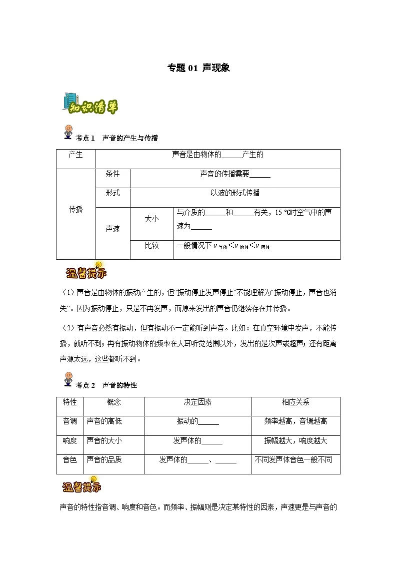 专题01: 声现象(原卷版)-备战2024年中考物理精选考点专练(知识清单+基础+拔高)第1页