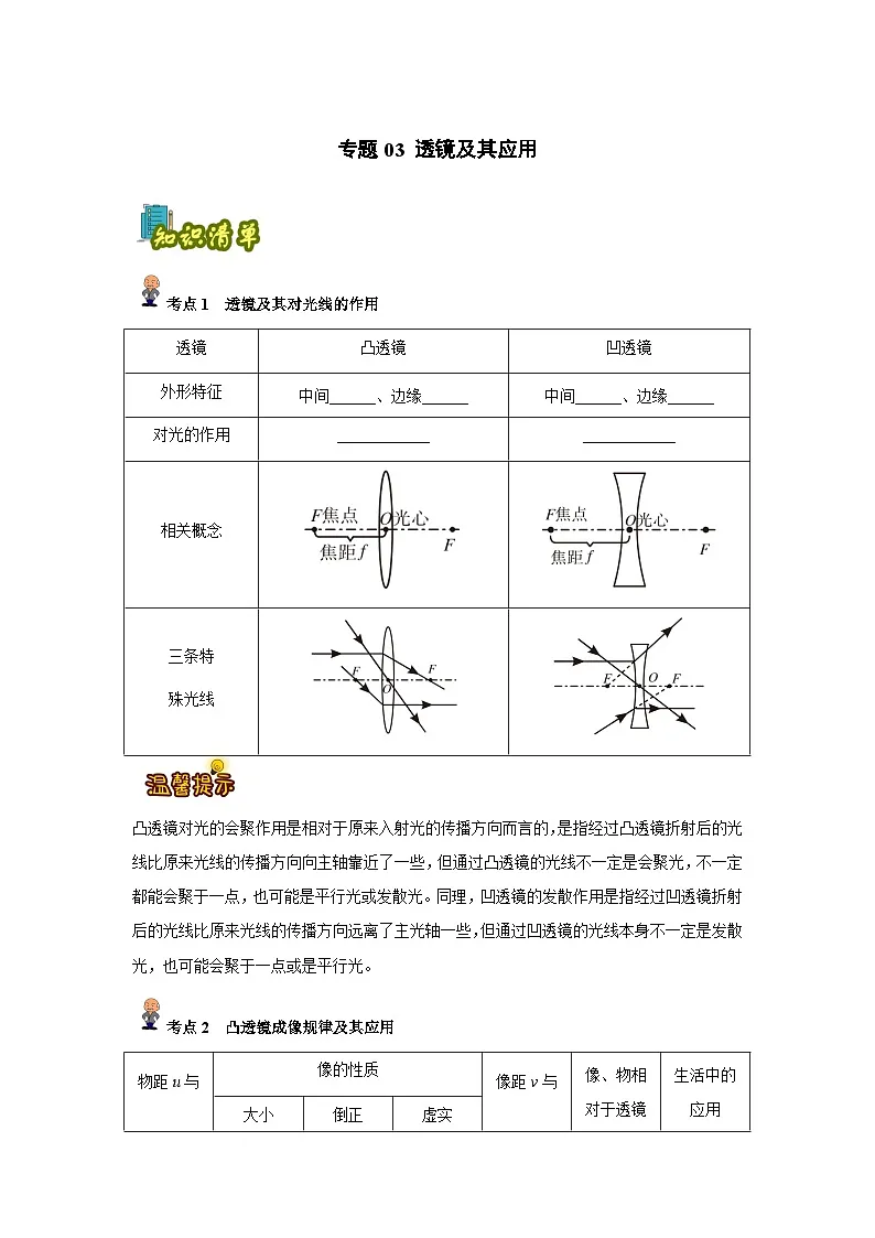 专题03 :透镜及其应用(原卷版)-备战2024年中考物理精选考点专练(知识清单+基础+拔高)第1页