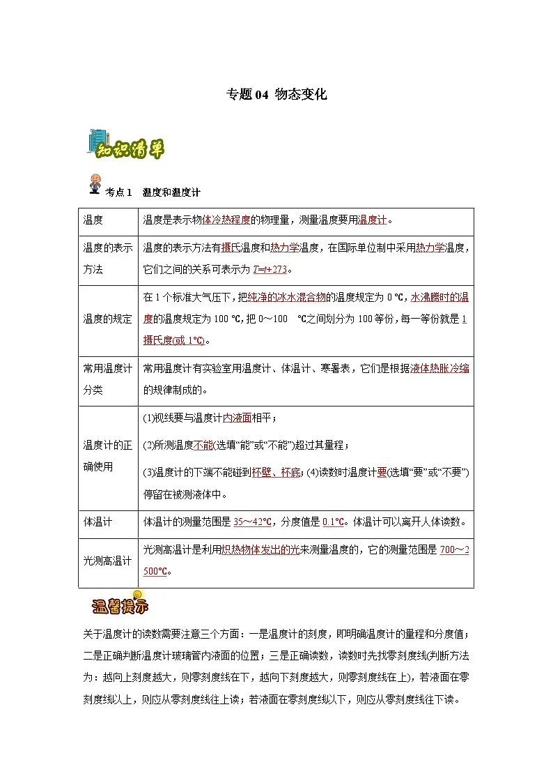 专题04: 物态变化(解析版)-备战2024年中考物理精选考点专练(知识清单+基础+拔高)第1页