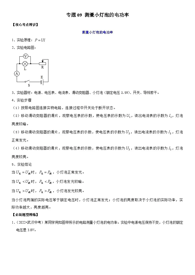 专题09 测量小灯泡的电功率(原卷版)第1页