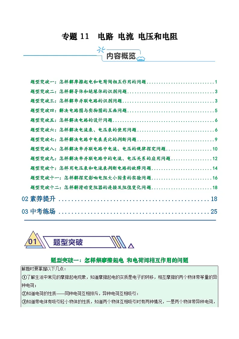 专题11 电路 电流 电压和电阻(原卷版)第1页