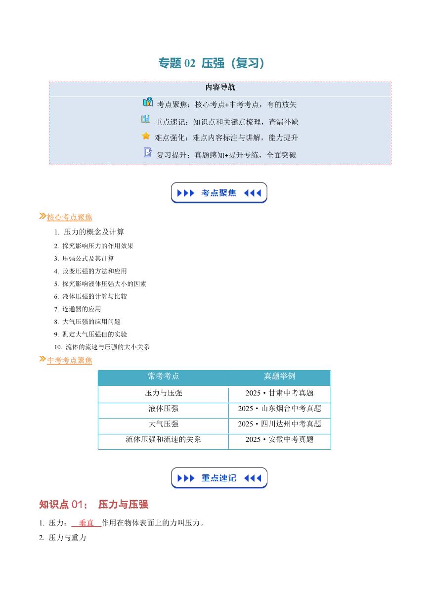 专题02 压强(复习)-2025年初中九年级物理（人教版2024）暑假讲义（原卷版+解析版）