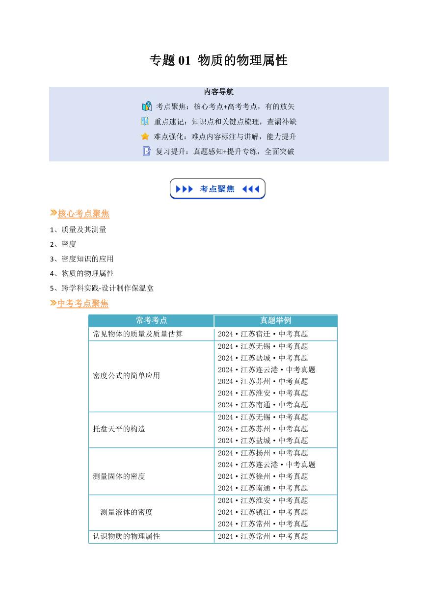 专题01物质的物理属性(复习)-2025年初中九年级物理（苏科版2024）暑假讲义（原卷版+解析版）