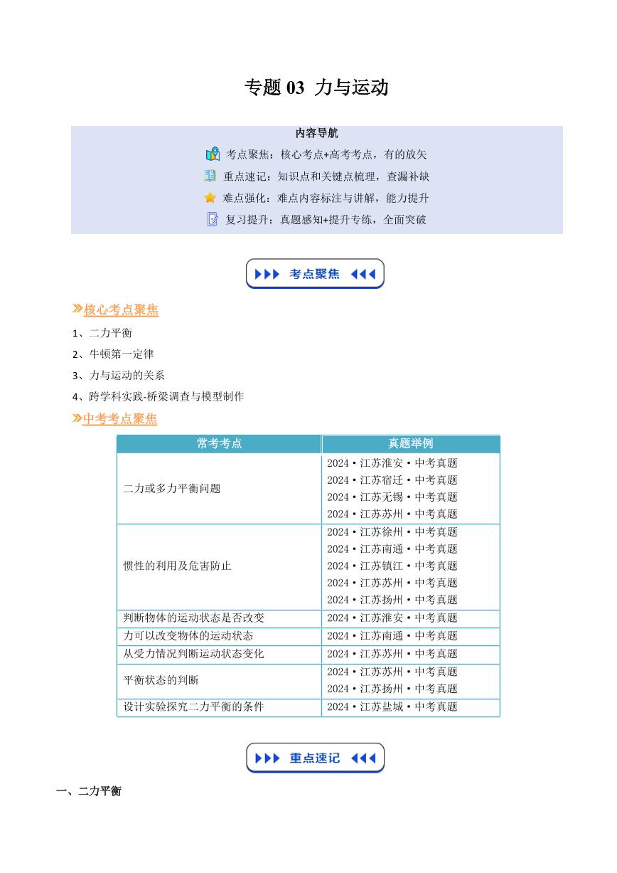 专题03 力与运动(复习)-2025年初中九年级物理（苏科版2024）暑假讲义（原卷版+解析版）