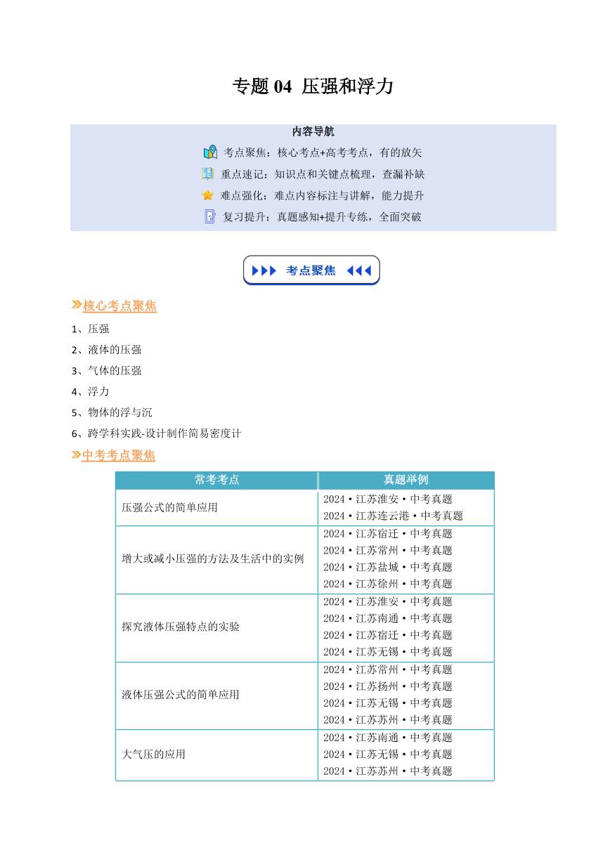 专题04 压强和浮力(复习)-2025年初中九年级物理（苏科版2024）暑假讲义（原卷版+解析版）