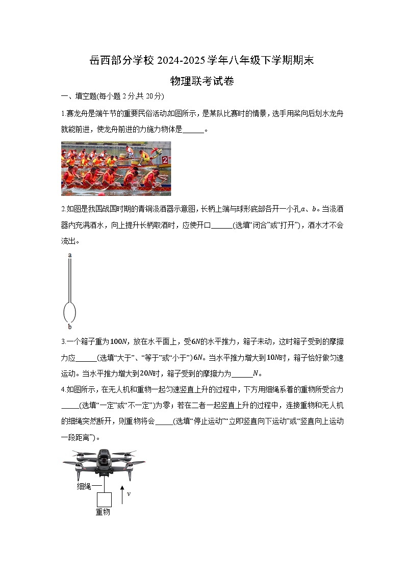 安徽省安庆市岳西县岳西部分学校联考2024-2025学年八年级下学期下6月期末真题物理试卷第1页
