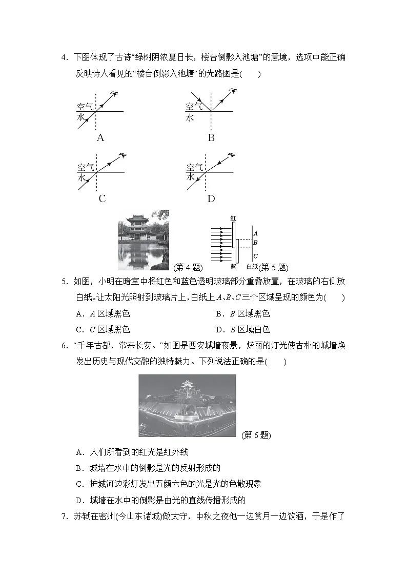 八年级物理上册 第四章 光现象 单元测试卷(北师版 2024年秋)第2页