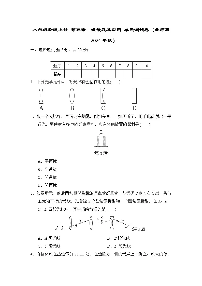 八年级物理上册 第五章 透镜及其应用 单元测试卷(北师版 2024年秋)第1页