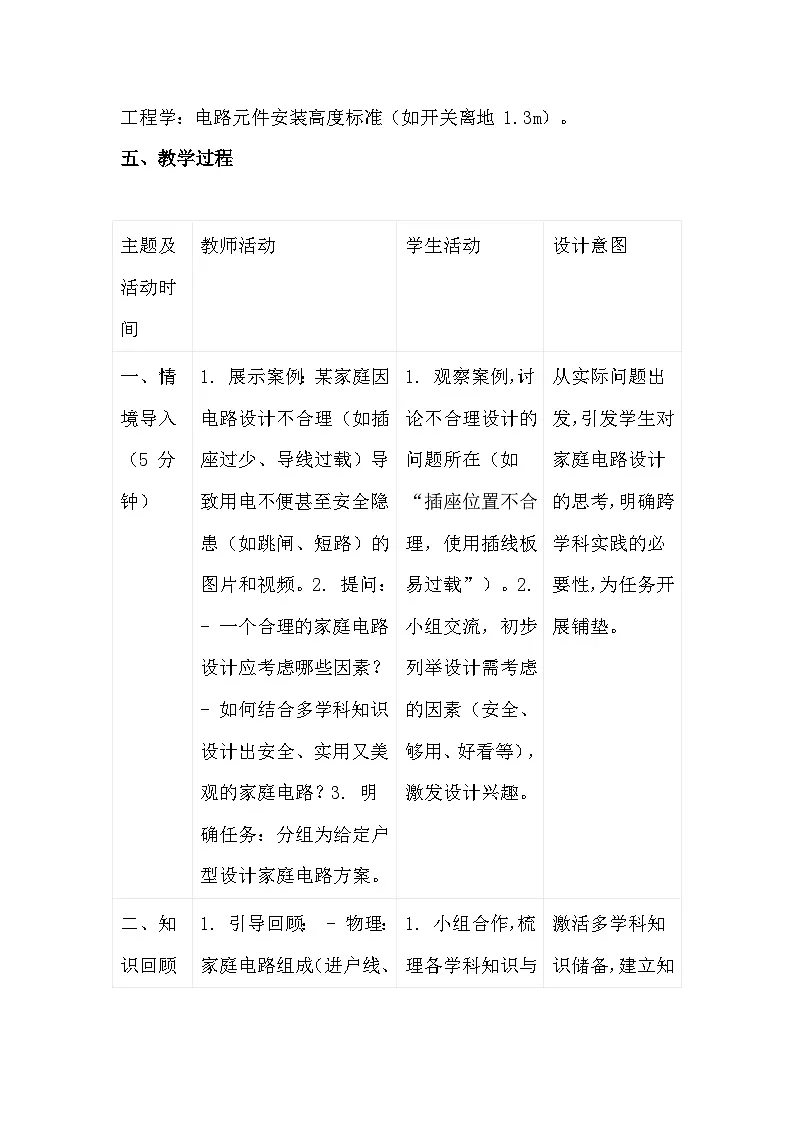 人教版(2024)九年级全一册物理19.3 跨学科实践:为家庭电路做设计 教案(表格式)第3页