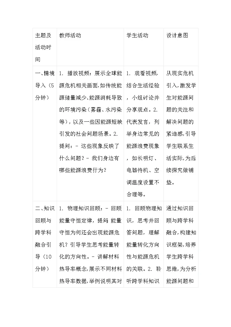 人教版(2024)九年级全一册物理22.3 跨学科实践:为节约能源设计方案 教案(表格式)第3页