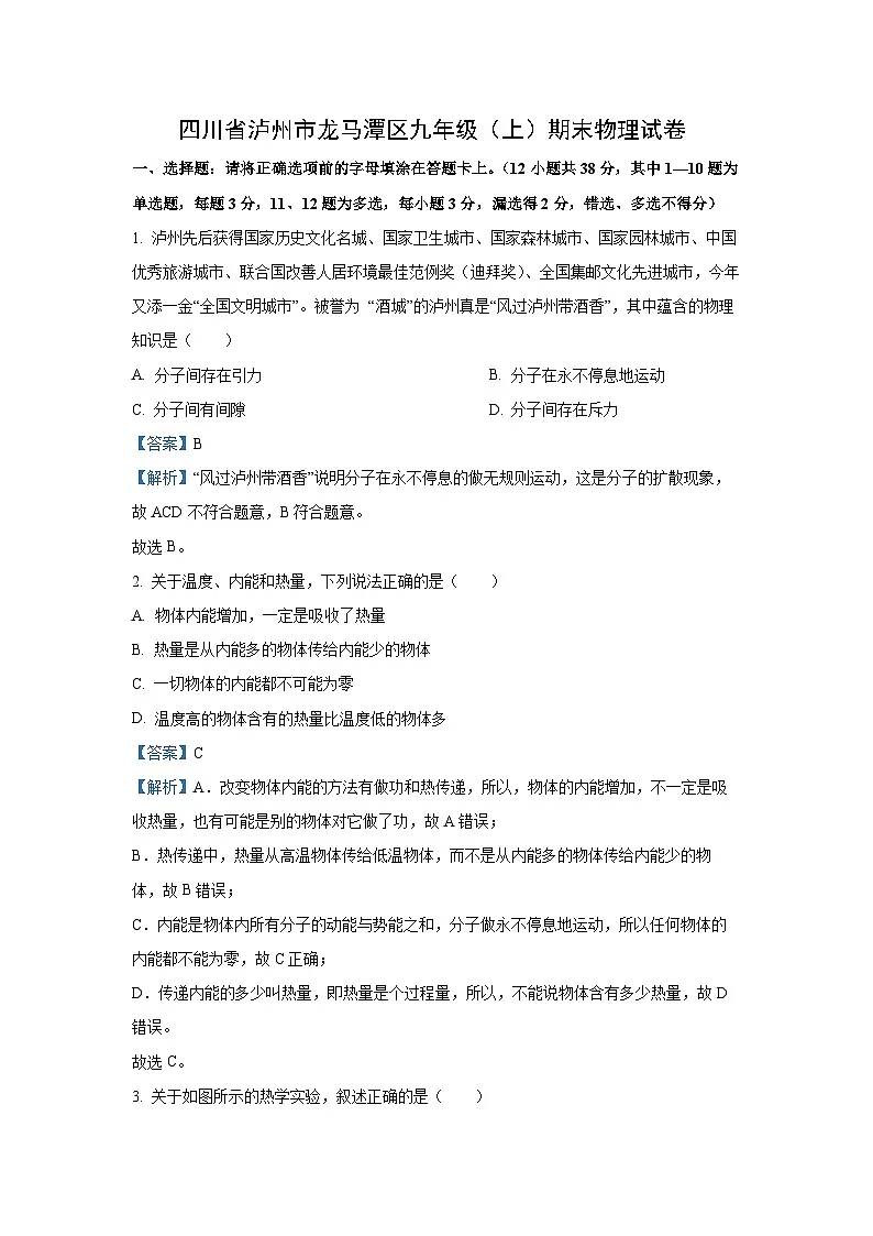 【物理】四川省泸州市龙马潭区2023-2024学年九年级上学期期末试题(解析版)第1页