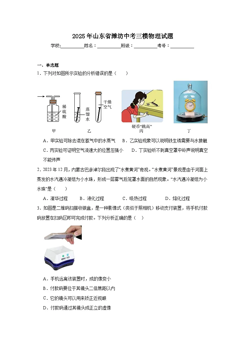 2025年山东省潍坊中考三模物理试题(附答案解析)第1页