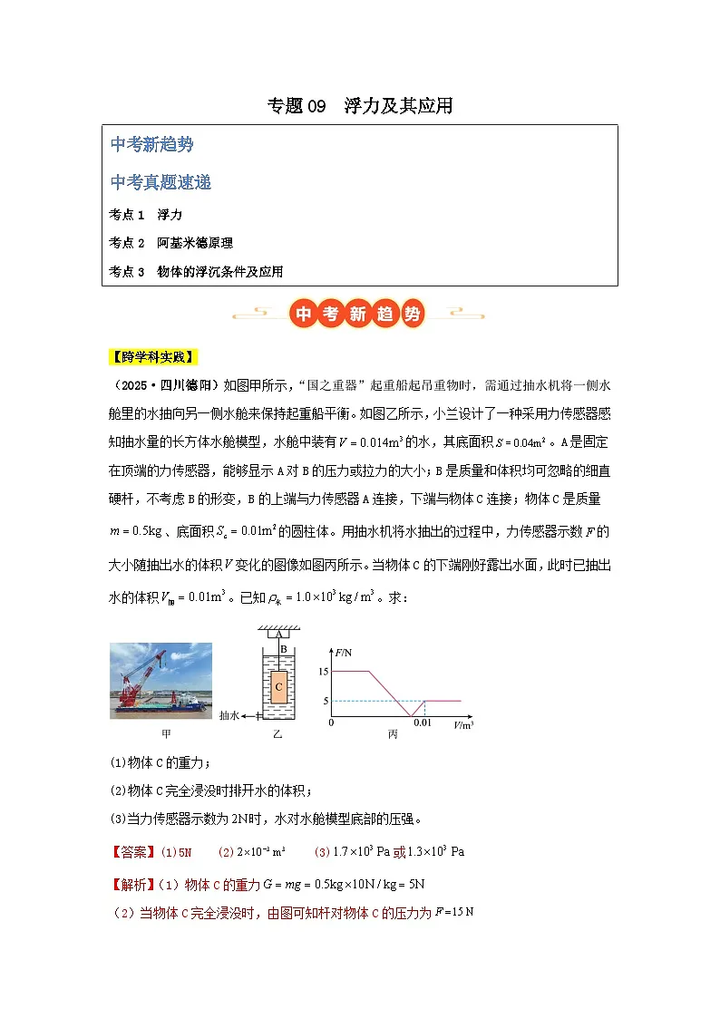 2025年中考物理真题分类汇编:专题09 浮力及其应用(全国通用)(第01期)(解析版)第1页