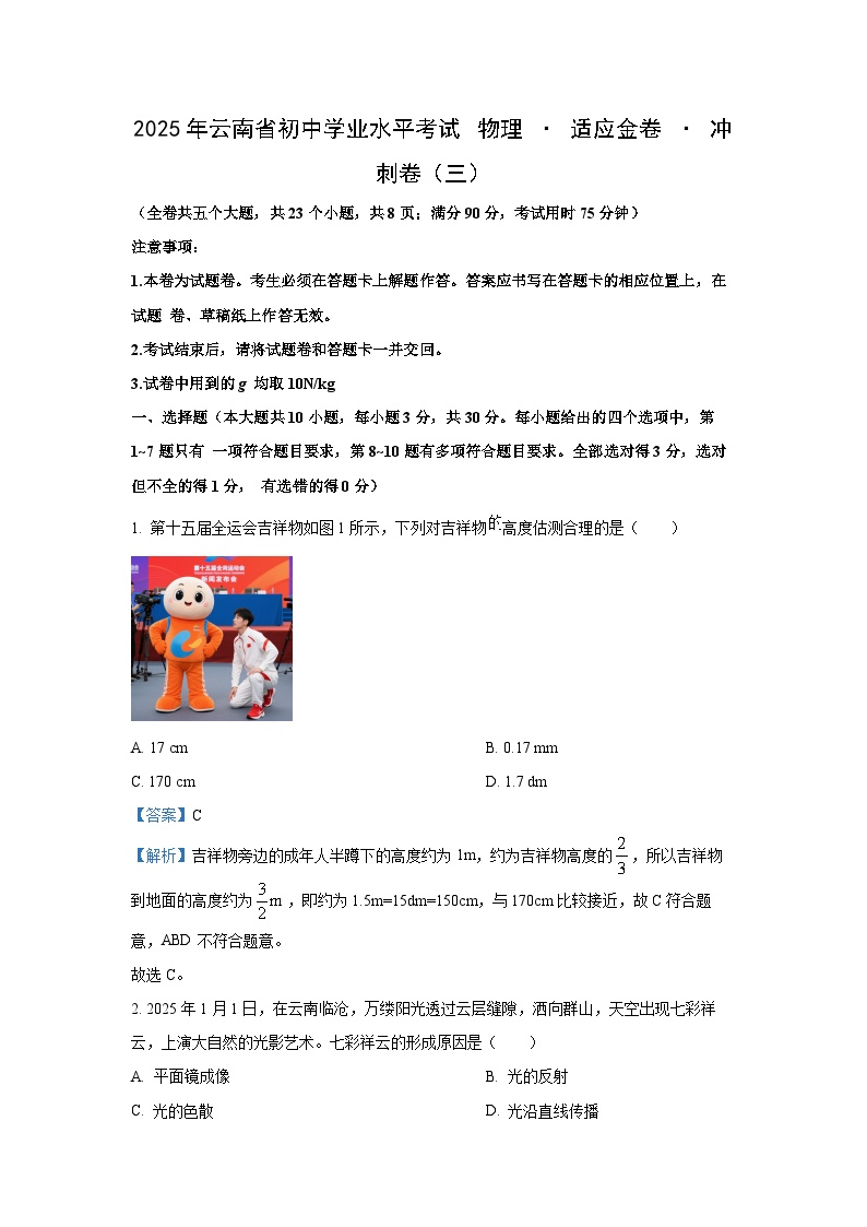 2025年云南省曲靖市初中学业水平考试物理试题（解析版）